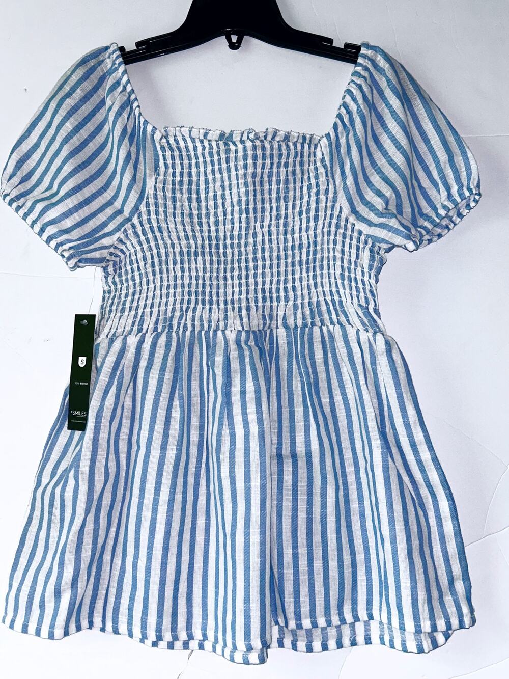 Unique Spectrum Small Blue & White Striped Shirred Square Neck Puff Sleeve Top